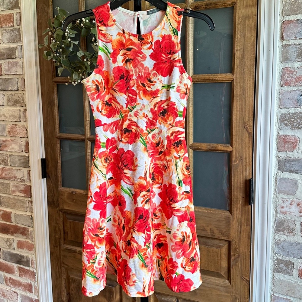 Soprano Floral Fit and Flare Dress Women XS Orange Red White Sleeveless Summer